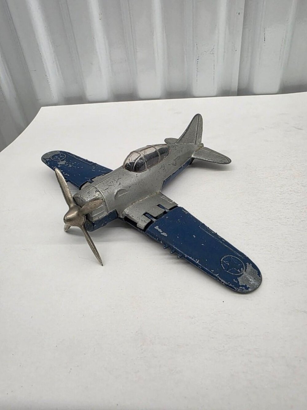 Hubley Toy Airplane Diecast Metal Propeller Folding Wings Blue Silver